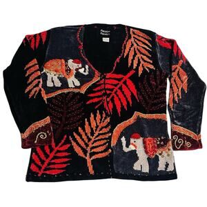 Sweater Sweater V-neck Embellished Sweater Animal Print Sequin Bead Elephant Sm